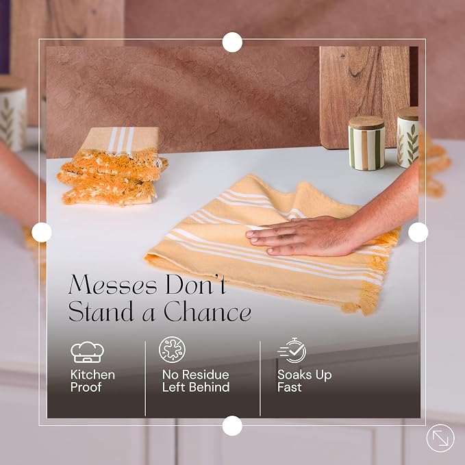 5 Pack Monochrome Stripe Dish Towels with Fringes, 16x26 Inch, 100% Cotton, Ultra Absorbent & Reusable, Quick Drying Kitchen Towels for Cleaning, Cooking, Drying, Mustard Yellow
