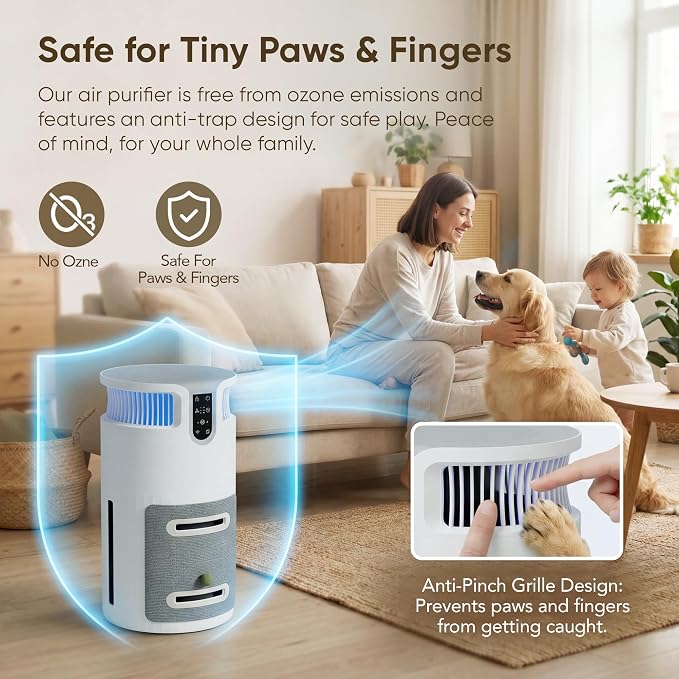 Greesum Pet Air Purifier for Cats, 320m³/h CADR Smart Air Cleaner with Cat Scratcher & Catnip Ball, 4-Color PM2.5 Indicator, App Control, Child Lock, Washable Body, Odor & Pet Hair Removal for Home