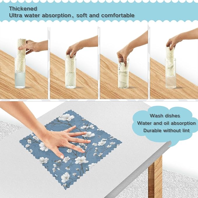 Blue Floral Butterfly Kitchen Towels Dish Cloths Set of 6 Microfiber Cleaning Cloths for Cars Super Absorbent Machine