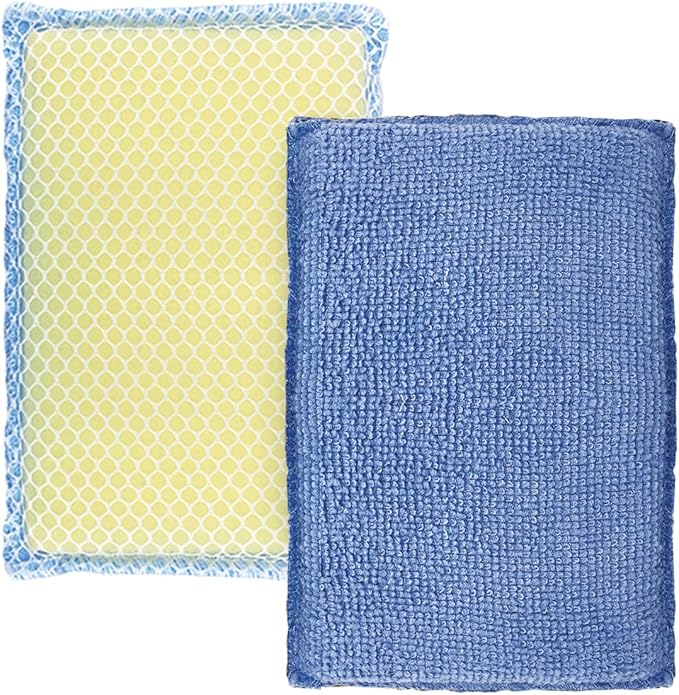 LOLA Microfiber Terry & Nylon Net Sponge Scrubber Pad, 2 Pack, Non Scratch 2-Way Cleaning, Gently Scrubs & Wipes Clean