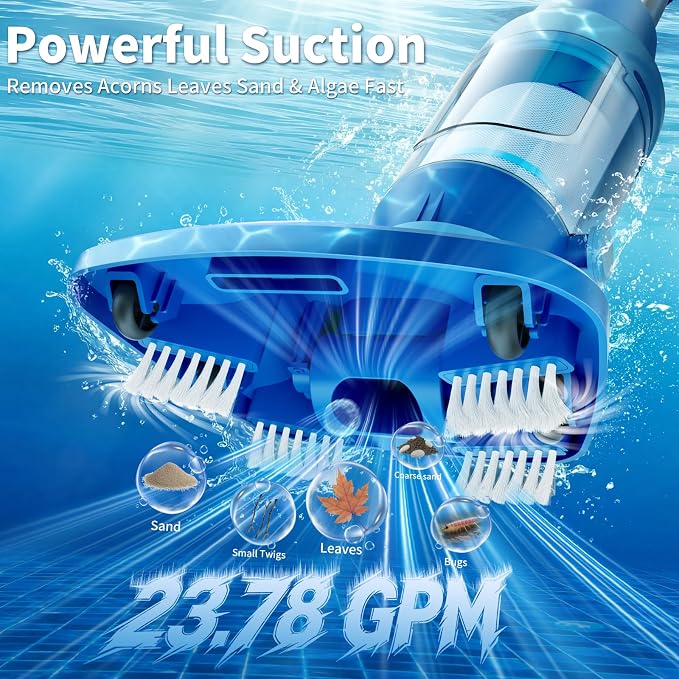 Cordless Pool Vacuum for Inground & Above Ground Pools: 23.8 GPM Powerful Stable Suction, Telescopic Pole up to 90.6", 60-Min Runtime, Extra-Large Filter & Rechargeable Pool Cleaner for Spas/Hot Tubs