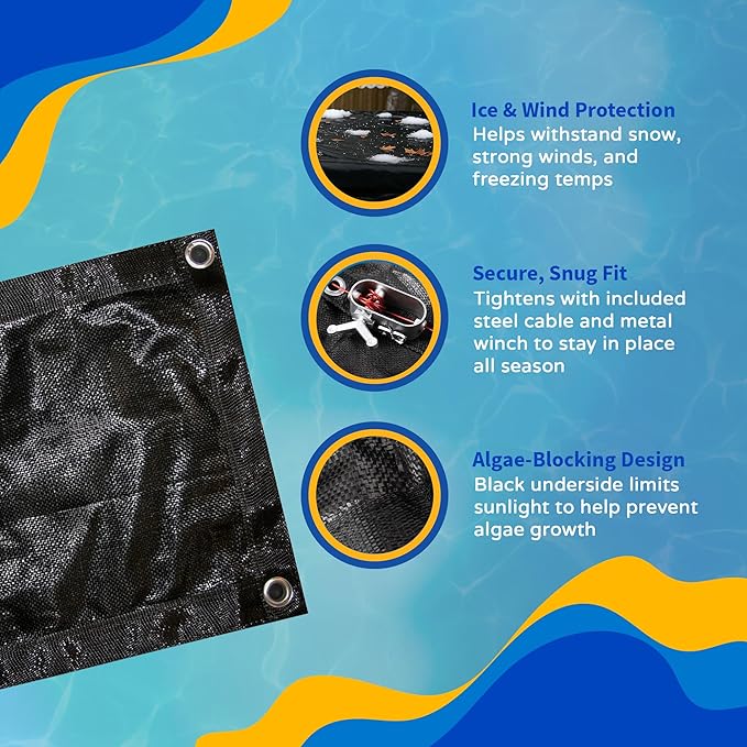 Blue Wave Rugged Mesh 15 ft 8-Year Above Ground Pool Cover for Winter – Fine Mesh Debris Barrier – 4 ft Overlap, Reinforced Grommets, Vinyl-Coated Cable, Metal Winch – Black Finish - BWC602