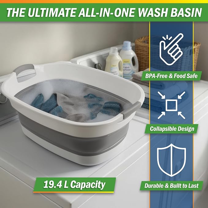 Collapsible Wash Basin - 20L Portable Sink with Drain Plug - Foldable Plastic Tub Dish Pan for Camping Gear, Handwashing Laundry, Vegetables, Dishes, Bottles, or RV Dishpan by Wakeman Outdoors (Gray)