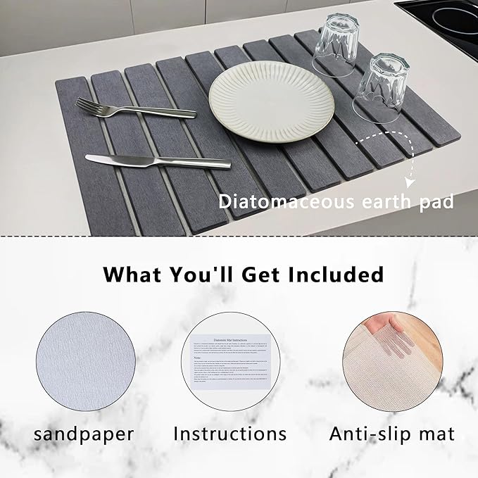 Large Stone Drying Mat for Kitchen Counter Diatomaceous Earth Collapsible 24”（L）*16”（W）Super Heat Resistant Mats, Quick Absorbent Dish Drying Rack（White）