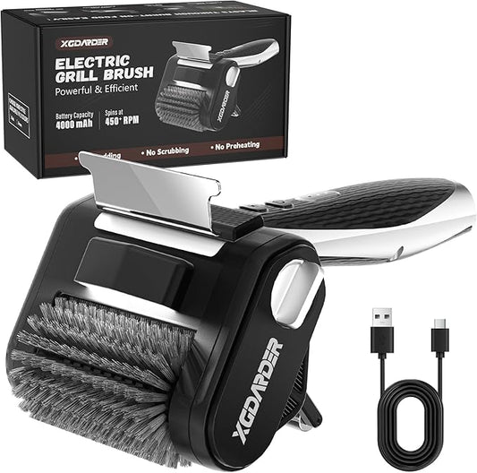 Electric Grill Brush for Outdoor Grill, Rechargeable BBQ Grill Cleaner Stainless Steel Brush with 450RPM Stainless Roller,LED Light, Scraper,Grilling Gifts for Men/Dad
