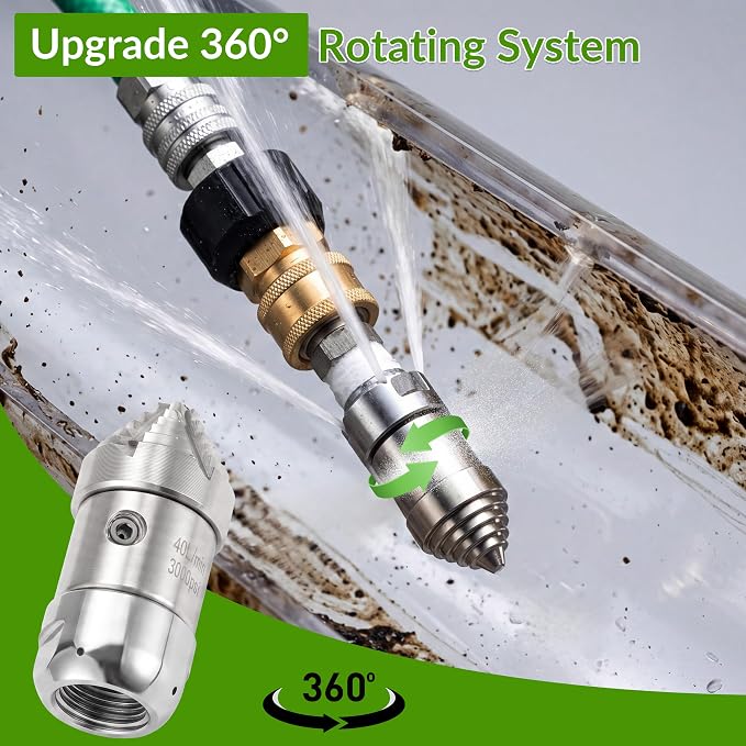 3/8" Sewer Jetter Nozzle for Pressure Washer, 360° Rotating Strong Shot Nozzle for Pipe Cleaning, Stainless Steel Jetter Drain Cleaner, 3000 PSI, 40 L/min, 3/8" NPT Female Thread
