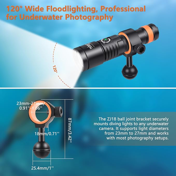 ORCATORCH D530V 1200 Lumens Underwater Video Light, 120° Super Wide Beam Dive Flashlight, 2 Modes with ZJ18 Ball Joint, IP68 Waterproof (150m) for Scuba Diving Photography/Videography