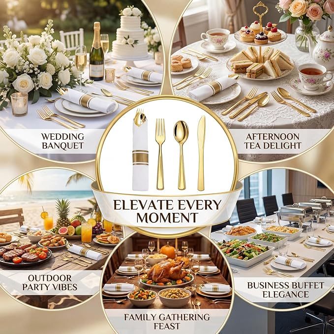 Liacere 100Pack Pre Rolled Gold Silverware and Napkin-Disposable Gold Plastic Utensils-Wrapped Plastic Cutlery Set with Napkin:100 Forks,100 Knives,100 Spoons,100 Napkins for Wedding & Party
