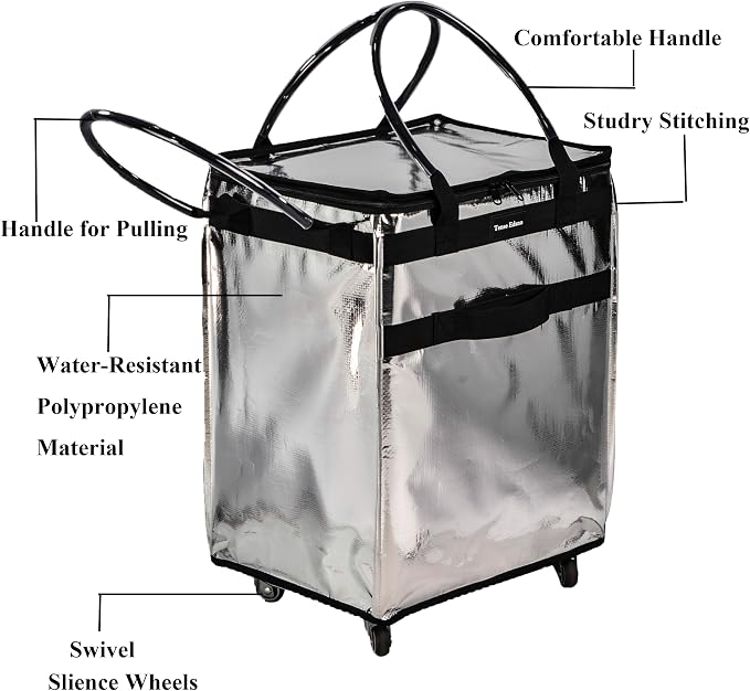 Reusable Grocery Bag On Wheels Large Capacity Shopping Trolley Foldable Rolling Tote Bag with Heavy Duty Handle for Travel (Silver, Large)