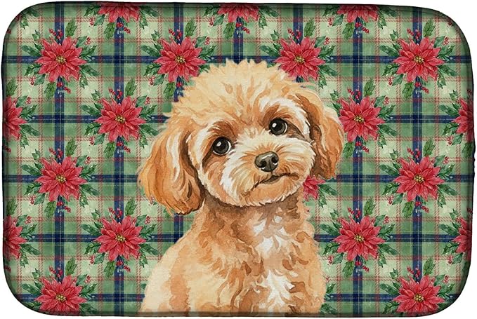 Caroline's Treasures Toy Apricot Poodle Christmas PoinsettIas Dish Drying Mat Absorbent Dish Drying Mat Pad for Kitchen Counter Dish Drainer Mat for Countertop, 14 x 21", Multicolor