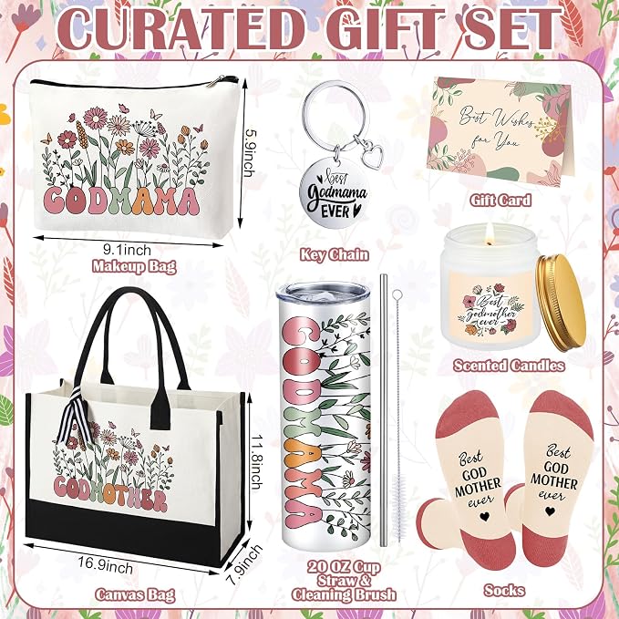Patelai 7 Pcs Godmother Proposal Gift Set Will You Be My Godmother Ideas God Mother Gifts for Women 20oz Tumbler Canvas Tote Makeup Bag Gift Set from Godchild for Mother's Day Birthday Baptism
