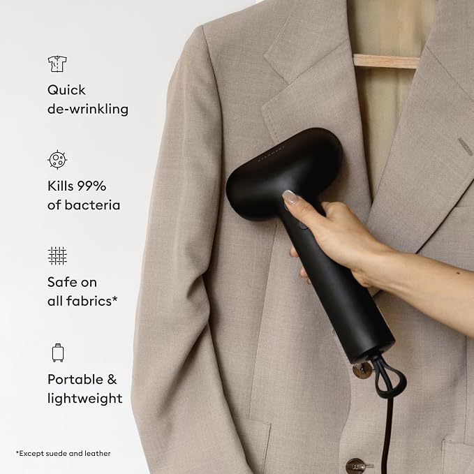 Steamery Handheld Clothes Steamer Cirrus Core, 1350W, Steam Output 0.74 oz/min, Heat up in 15 Seconds, Dry Steam Technology, Hanging Loop, Visible Water Tank, Portable, Scandinavian Design, Black