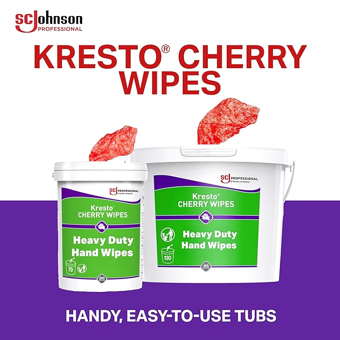SC Johnson Professional Kresto Cherry Wipes for Heavy Duty Cleaning, 4-Pack of 130-count Buckets, Hand Cleaning Wipes for Mechanics and Other Professional Use