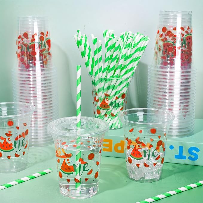 Whaline 50Pcs Watermelon Disposable Plastic Cups with Lids and Straws 12Oz Summer Fruit Cold Beverage Drinking Cups for First Birthday Baby Shower Party Supplies