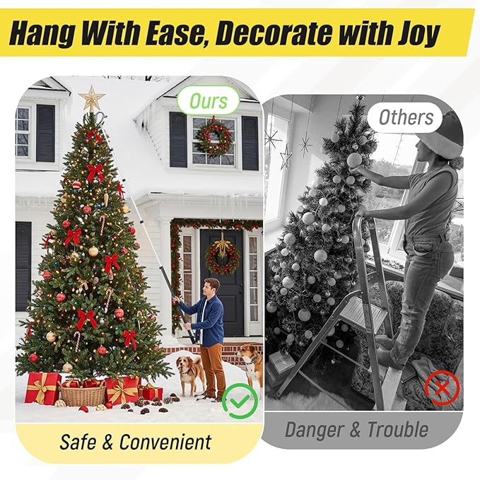 7-30 ft Telescopic Extension Pole with Utility Hook, Multi-Purpose Aluminum Pole for Painting, Dusting and New Year Window Cleaning Christmas Lights Installation Without a Ladder (Black)