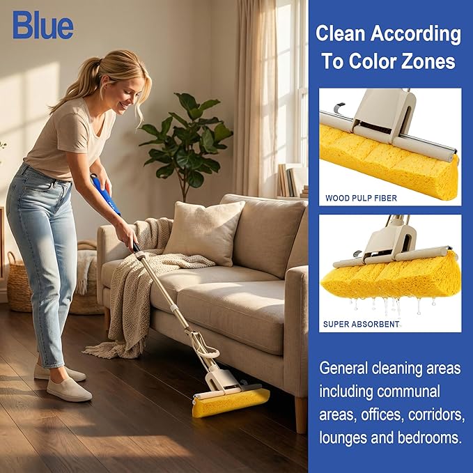 LILAC Cellulose Sponge Mop with 2 Replacement Heads, 4-Color Handle Choices for Zoned Cleaning, Super Absorbent Pop Up Roller Mop for Hardwood,Laminate Floors, Heavy Duty Floor Scrubber (Blue)