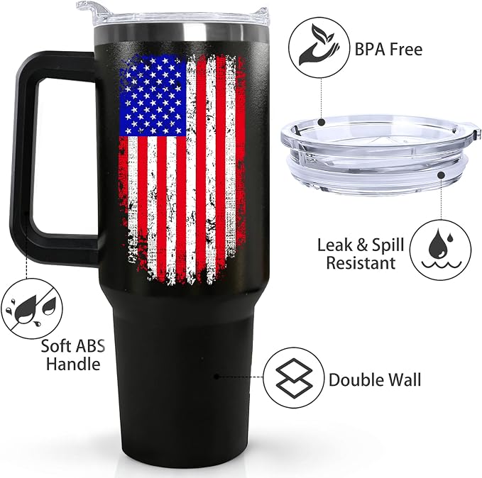 Ceovfoi American Flag Tumbler with Handle,40 oz Dad Vacuum Insulated Stainless Steel Travel Tumblers,Patriotic Military Gifts For Veterans, Police, Fathers Day, 4th of July