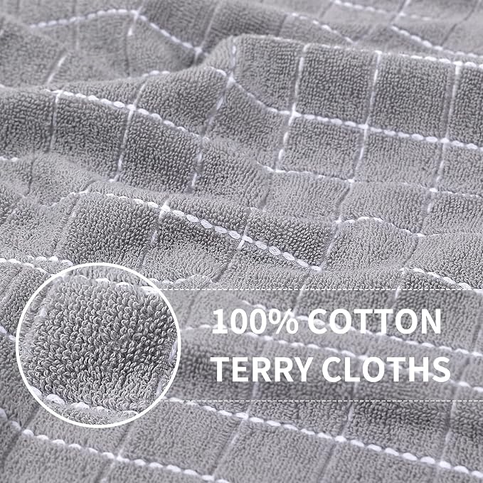 Homaxy Kitchen Towels and Dishcloths Set, 12 x 12 and 13 x 28 Inches, Set of 10 Bulk Cotton Terry Kitchen Towels Set, Checkered Designed, Soft and Super Absorbent Dish Towels, Light Grey