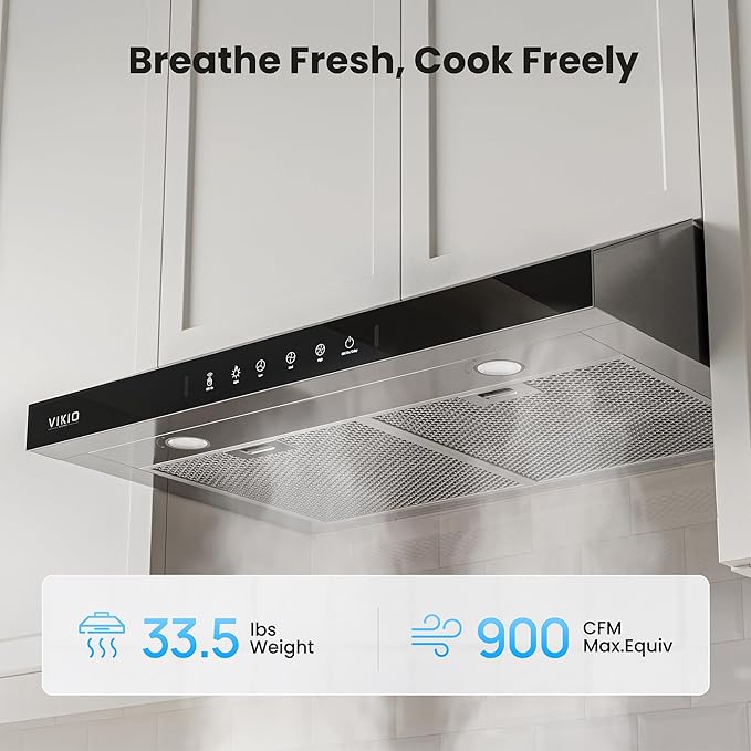VIKIO HOME 30 Inch Under Cabinet Range Hood 900 CFM, Dual Motor Powerful Kitchen Vent Hood, Gesture & Touch Control, Ultra Quiet DC Motor, Dishwasher-Safe Filters, LED Lights, Glass Black