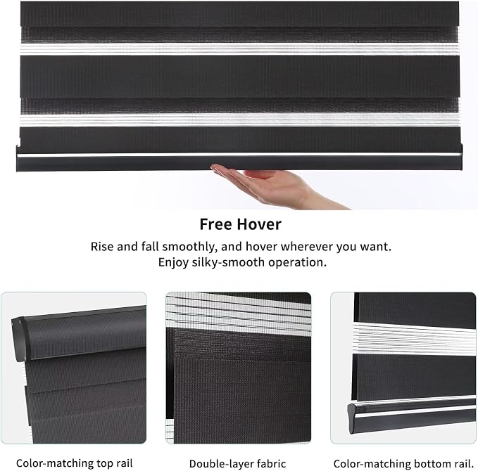 MYshade Cordless Zebra Blinds with Free-Stop Function - Dual Layer Light Filtering & Privacy Sheer Shades for Day and Night - Easy Install Window Shades for Home, Living Room, 43" W x 72" H,Black