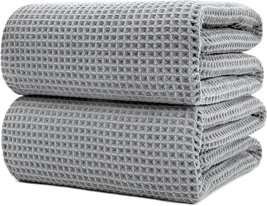 POLYTE 430 GSM Microfiber Quick Dry Lint Free Bath Sheet, 70 x 35 in, Set of 2 (Waffle Weave)
