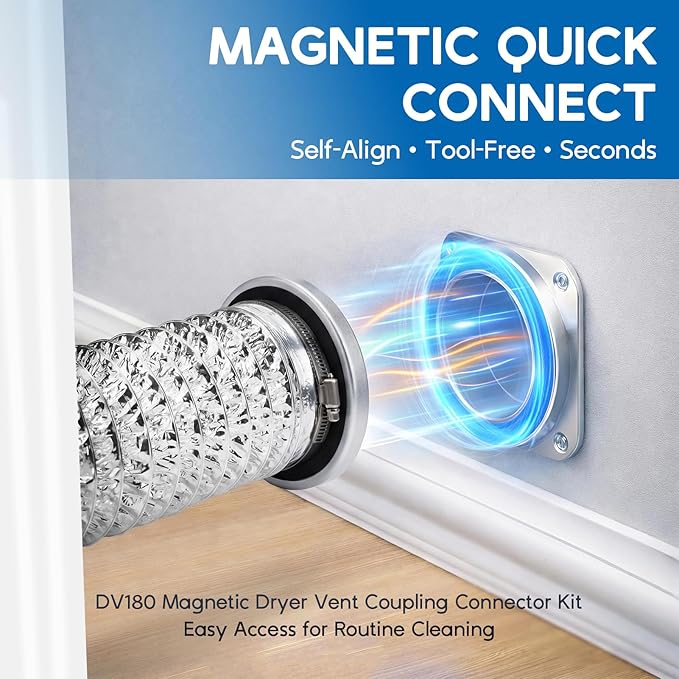 DV180 Magnetic Dryer Vent Coupling Connector Kit, Quick Connection, Airtight Seal, Easy to Clean, Universal Compatibility with Standard 4" Dryer Vent Systems, Includes 2.6ft Hose, 2 Clamps & Foil Tape
