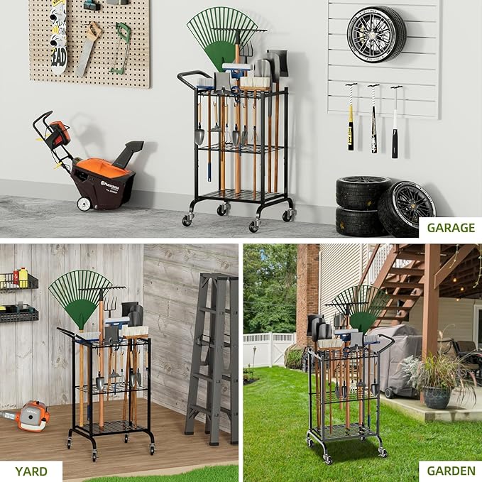 RANXFLOAT Garden Tool Organizer with Wheels, Yard Tool Tower Rack for Garage Organization and Storage, Up to 35 Long-Handled Tools,Metal Tool Holder with 6 Hooks, Black