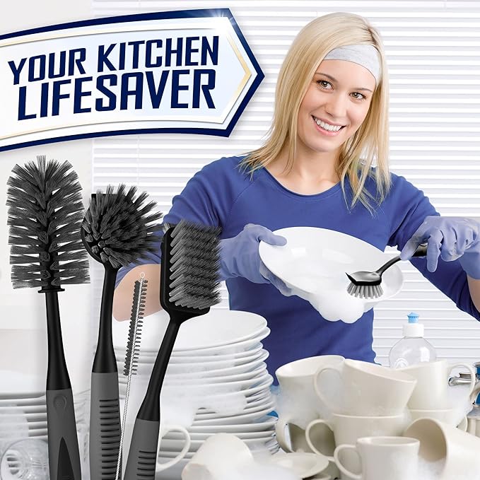 Dish Brush Set of 4 with Bottle Water Brush, Dish Scrub Brush, Scrubber Brush and Straw Brush + Scrub Brush Set of 3pcs, Cleaning Shower Scrubber, Grout Cleaner Brush, Scrub Brushes for Bathroom