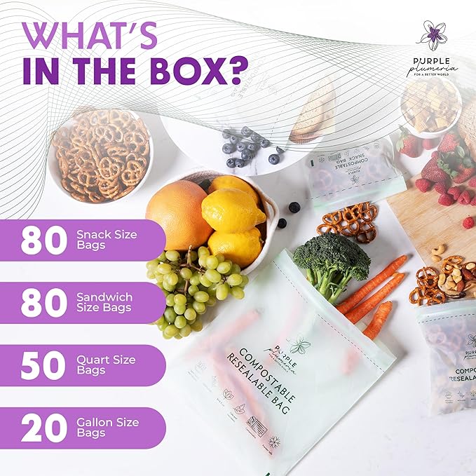 100% Certified Compostable kitchen Bags 230 Count, Resealable BioBased, Leak Proof, Freezer safe, 80 Snack, 80 Sandwich, 50 Quart, 20 Gallon Bags (Variety Pack) | Biobased, Leak-Proof, Durable, Freezer-Safe, Extra Strong