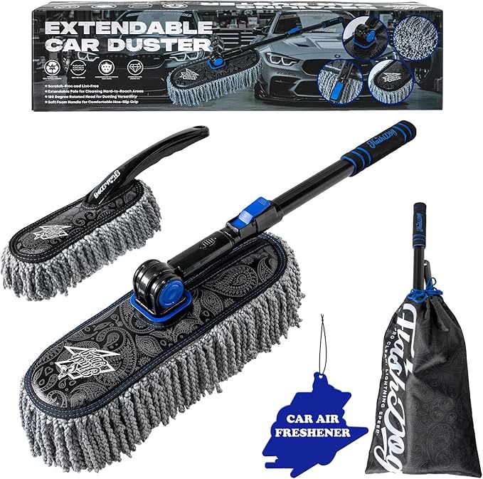 Flash Dog Car Duster Exterior & Interior Scratch Free Kit Microfiber and Telescopic Aluminum Alloy Handle for Cars/SUV/Trucks with Car Duster Interior, Portable Waterless Dust Removal