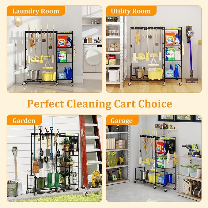 AGESISI 46" H Broom Holder with Cleaning Supplies Organizer, Mop Rack Storage with 4-Tier Shelves, 10 Gripper Clips, 4 Double-Hooks, 3 Hooks, Metal Utility Carts on Wheels for Home Essentials, Black