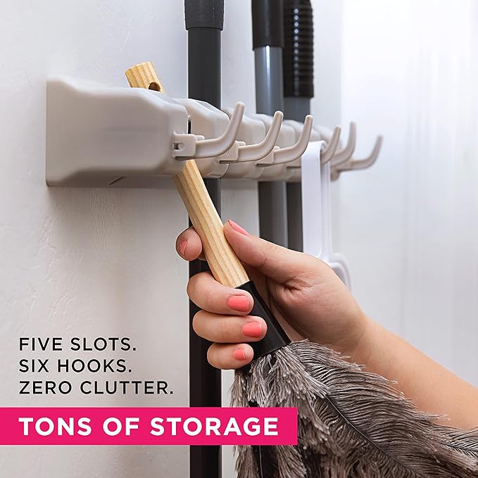 Berry Ave Broom Holder Beige (1 Pack) and Drawer Dividers Organizer, 4" High, Expandable from 11"-17" (4-Pack)