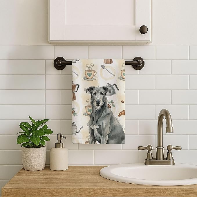 Caroline's Treasures Gray Irish Wolfhound Coffee Bar Kitchen Towel Velour Plush Front and Cotton Loop Back Machine Washable