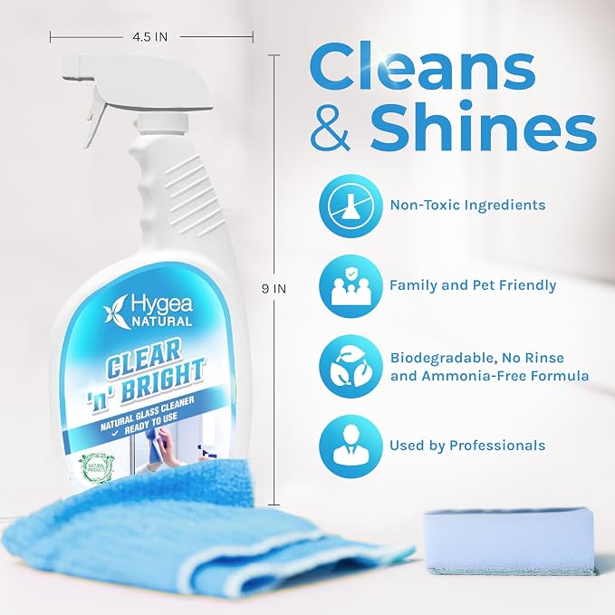 Hygea Natural Clear 'n' Bright - Glass Cleaner Spray - Streak-Free & Ammonia-Free Window Cleaning - Eyeglass, Window & Mirrors Cleaning Supplies - Safe & Fast with Natural Ingredients (24 oz Spray)