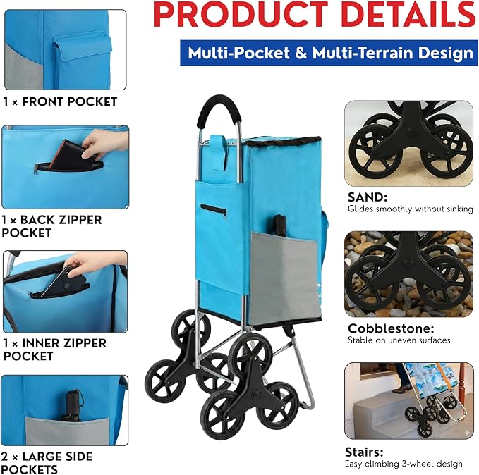 Shopping Cart, 220 lbs Capacity, Foldable Grocery Trolley with Large Bag, Laundry Utility, Adjustable Bungee Cord (Sky Blue)