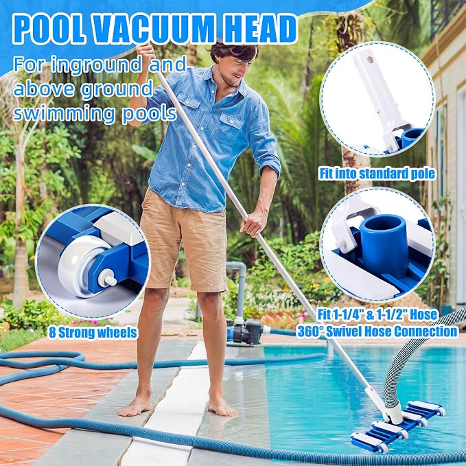 4 Pcs Swimming Pool Vacuum Kits 13" Vacuum Head with 1-1/2" x 29.5 ft Hoses, 13.7ft Pole and 17" Skimmer Net Flexible Head with Wheels for Above Ground Inground Hot Tub Cleaning Tool
