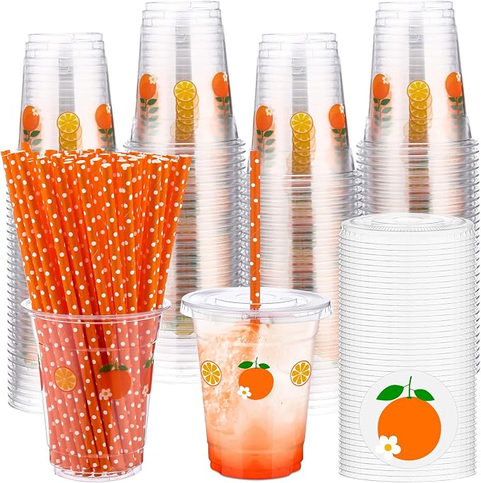 Blushtier 100 Set 12 oz Orange Disposable Plastic Cups with Lids and Straws Transparent Orange Watermelon Party Cups for Juice Water Coffee Tea Birthday Summer Fruit Party Supplies