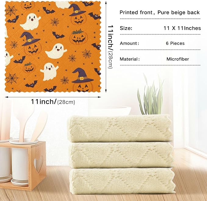 ALAZA Kitchen Towels Halloween Ghost Pumpkin Pattern Dish Towels Multipurpose Reusable Dish Cloths Soft Cleaning Cloth Kitchen Accessories Set of 6,11"x11"