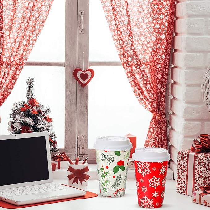Gerrii 100 Set Christmas Paper Cups Disposable 12 oz with Lids Hot Chocolate Cups Coffee Cups Holiday Hot Cups for Hot and Cold Drinks Tea Water Bar Supplies Winter Season(Pretty Style)