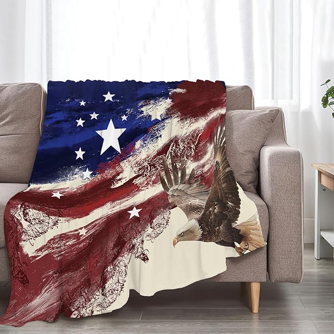 American Eagle Flag Blanket Gifts Bald Eagle Decor Throw Blanket Comfy Plush Flannel Fleece Warm Soft Fluffy Fuzzy Lightweight Blanket for Girls Boys Women Men Teens for Bed Sofa Couch 50"X60"