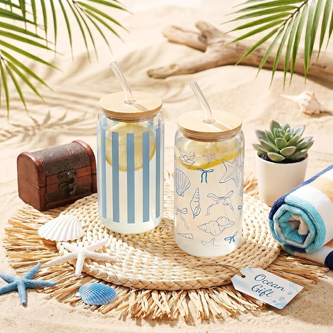 Sliner 2 Pcs Seashell Glass Cups Last Toast on The Coast Bachelorette Gifts Beach Tumbler with Lid Straw Ocean Drinking Glasses 16 oz Blue Iced Coffee Cup for Wedding Bridal Shower Holiday