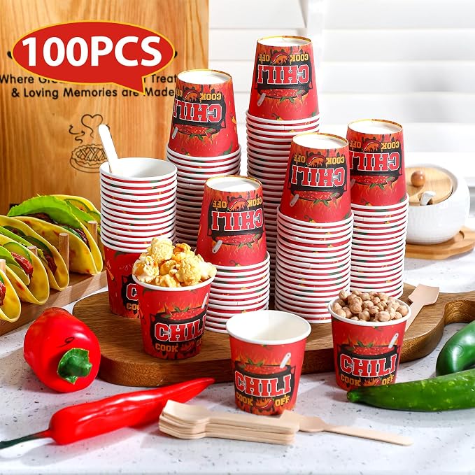 Teenyyou 100 Pcs 5 oz Chili Cook off Party Decorations Mini Chili Cook off Tasting Cups Disposable Sample Paper Cup Bowls and Wooden Spoons for Pepper Competition Prizes Party Cooking Supplies, Red