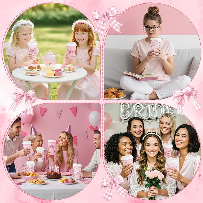 100 Pack Coquette Pink Bow Disposable Coffee Cups with Lids, 16 oz Valentine's Day Cute Bowknot Paper Cup Insulated Coffee Cup for Birthday Anniversay Baby Shower Bachelorette Party Supplies, 4 Styles