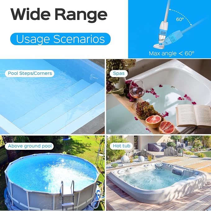 Handheld Pool Vacuum with Telescopic Pole,Hot Tub Vacuum Spa Vacuum with 60 Mins Runtime,Cordless Pool Vacuum Deep Cleaning for Small Inground & Above Ground Pools, Hot Tubs, Spas