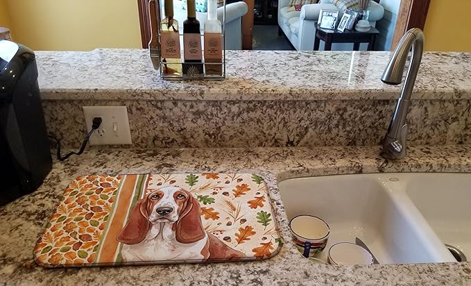 Caroline's Treasures Red and White Basset Hound Heirloom Fall Dish Drying Mat Absorbent Dish Drying Mat Pad for Kitchen Counter Dish Drainer Mat for Countertop, 14 x 21", Multicolor