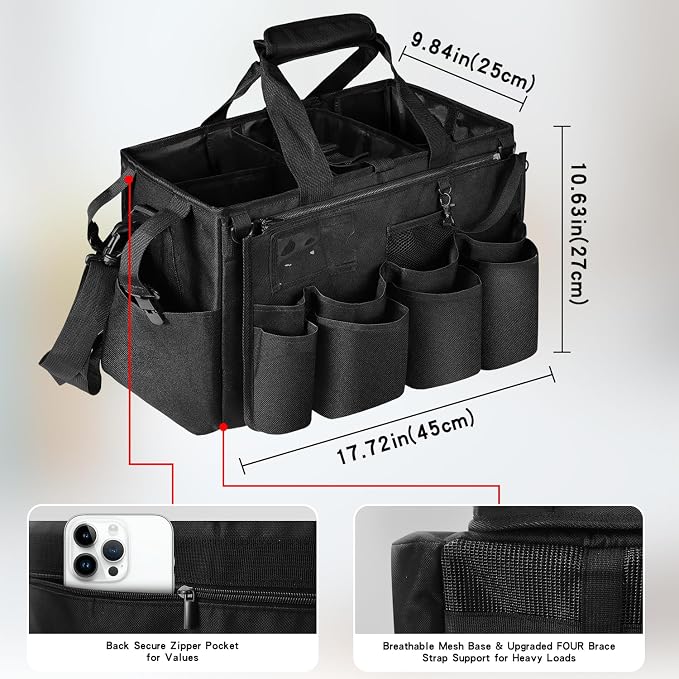 Grekos Wearable Cleaning Caddy Bag, Cleaning Caddy Suppliers Organizer with 4 Foldable Dividers, Handle & Shoulder Straps Cleaning Tool Organizers for Cleaners & Housekeeper (Black)