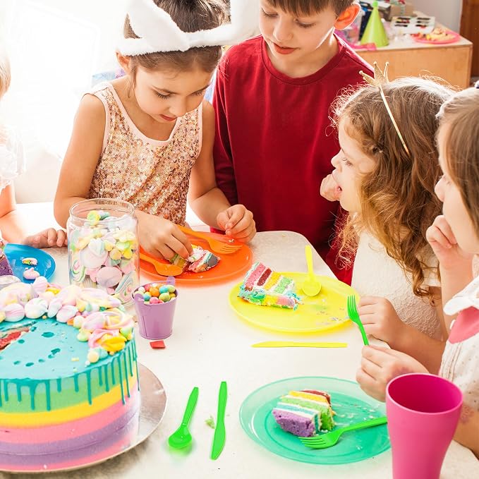 300 Pieces Neon Party Plastic Cutlery Set Colorful Disposable Silverware Sets Included 100 Neon Party Forks 100 Spoons & 100 Knives for Neon Party Favors Birthday Party Supplies, 4 Colors