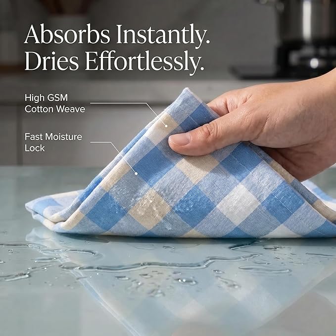 Urban Villa Kitchen Towels Set of 6 Blue Sand Buffalo Checks Kitchen Towels 20X30 Inches 100% Cotton Highly Absorbent Kitchen Towels Premium Quality Ultra Soft Mitered Corners KitchenTowels