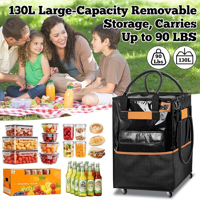 Reusable Grocery Bag on Wheels, 130L Large-Capacity Zippered Roller Tote, Carries Up to 90 LBS, Lightweight for Groceries, Laundry, Moving, Storage