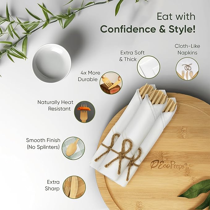 EcoPreps Luxury Pre-Rolled Napkin and Bamboo Cutlery Set (50 Pack, 200 PCS) 100% Biodegradable, Eco-Friendly, Disposable Wrapped Cutlery - Includes Pre-Wrapped Bamboo Forks, Knives, Spoons, & Napkins